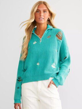 Buckle Gilded Intent Destructed Quarter Zip Pullover Sweater Womens XS Green New